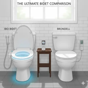 Diagram showing the stainless steel nozzle differences in bio bidet vs brondell products.
