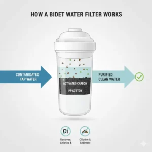 Detailed technical diagram showing how a bidet water filter purifies tap water.