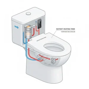 A technical diagram showing the internal heating element of a bidet toilet seat with heated water for instant warmth.