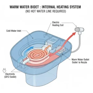 Internal heating element diagram of a warm water bidet without hot water line showing the cold water inlet.