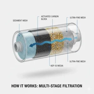 Diagram showing the multi-stage filtration layers inside a bidet filter.