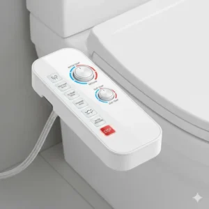 Detailed illustration showing the adjustable water temperature controls of a heated bidet attachment for toilet.