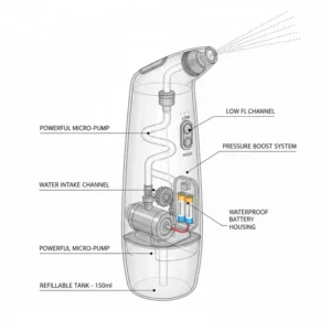 Diagram showing the internal motor and water flow system of a portable battery operated bidet.