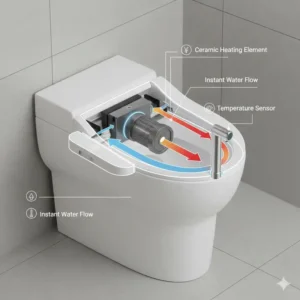 Technical diagram showing the internal water heater of a self heating bidet.