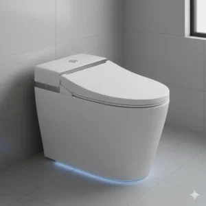 Close-up of the best toilet bidet combination featuring a soft blue LED nightlight for evening use.