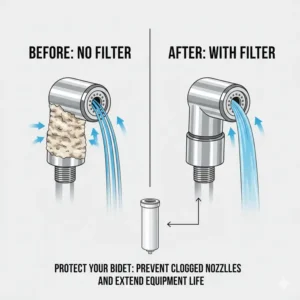 Illustration showing how a bidet filter prevents clogs in the spray nozzle.