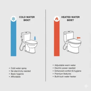 Infographic comparing a standard cold water bidet with an advanced bidet water heater.