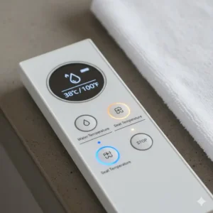 Close-up of a remote control for a bidet toilet seat with heated water showing adjustable temperature settings.