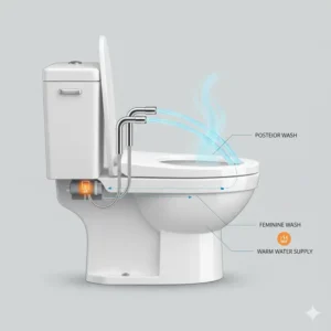 Detailed view of the dual nozzle spray system inside a toilet with warm water bidet.