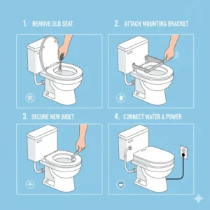 A clear instructional diagram showing how to properly install a bidet heated seat on a toilet.