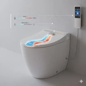 Diagram illustrating the adjustable water pressure and temperature on a luxury bidet with wireless remote control.