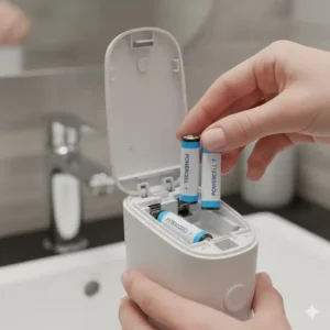 Close-up view of the waterproof battery compartment of a battery operated bidet being loaded with batteries.