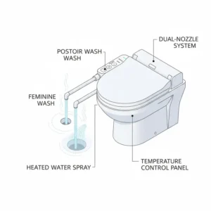 Illustration of a dual nozzle system in a bidet toilet seat with heated water providing a gentle spray for hygiene.
