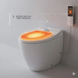 A visual highlight of the comfortable heated seat feature found on the luxury bidet with wireless remote control.