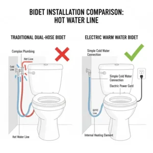 Comparison chart showing the easy setup of a warm water bidet without hot water line vs dual-line bidets.