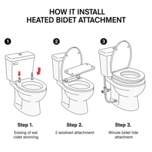Step-by-step installation process showing how to set up a heated bidet attachment for toilet.