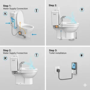 Diagram showing the simple installation and water connection for a toilet with warm water bidet.