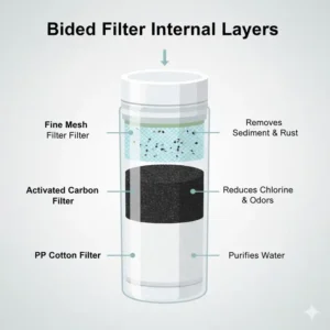 Cutaway illustration showing the multi-stage filtration layers inside a bidet water filter.