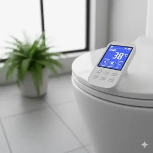 Adjusting the temperature and pressure on a remote for a bidet water heater.