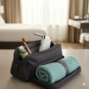 A compact battery operated bidet tucked into a travel toiletry bag for easy transport.