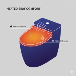 Highlighting the comfortable heated seat feature of a high-end toilet with warm water bidet.