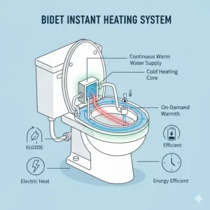 Technical cross-section diagram of the instant warm water heating mechanism in a bidet heated device.