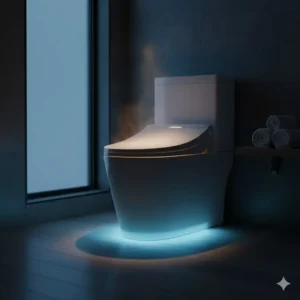 An illuminated bidet toilet seat with heated water featuring a built-in nightlight for night-time comfort.