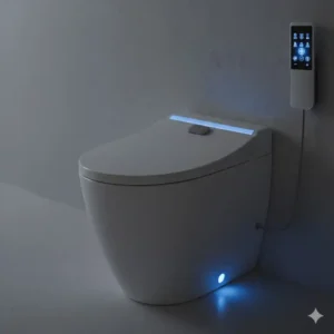 The elegant blue LED nightlight glowing on a luxury bidet with wireless remote control during nighttime use.