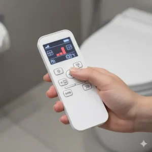 Hand using a remote control to adjust temperature on a warm water bidet without hot water line.