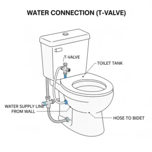 Illustration of the T-valve and water supply line for a heated bidet attachment for toilet.