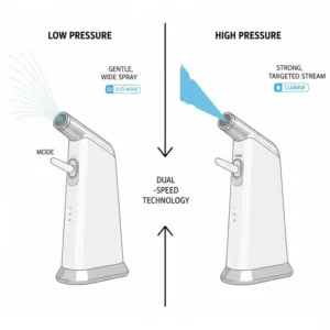 Illustration comparing the high and low pressure spray settings of a handheld battery operated bidet.