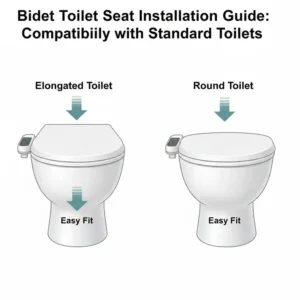 Comparison graphic showing how a bidet toilet seat with heated water fits onto a standard elongated toilet bowl.