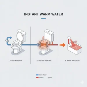The instant warm water flow mechanism found in a tankless bidet water heater.