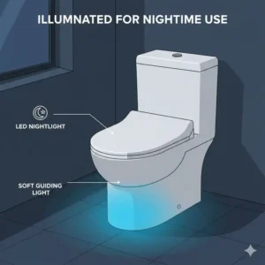 Illustration of a bathroom at night showing the integrated LED nightlight on a bidet heated model
