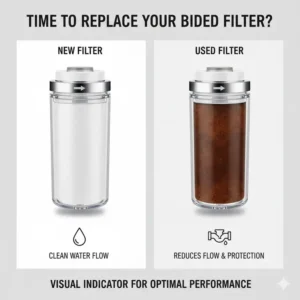 Visual guide showing a new versus a dirty bidet filter ready for replacement.