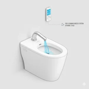 Technical illustration of the hygienic self-cleaning nozzle system of the luxury bidet with wireless remote control