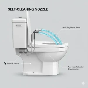 Demonstration of the automatic self-cleaning nozzle technology in a toilet with warm water bidet.