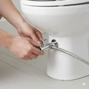 Close-up of a T-valve connecting a warm water bidet without hot water line to the standard water supply.