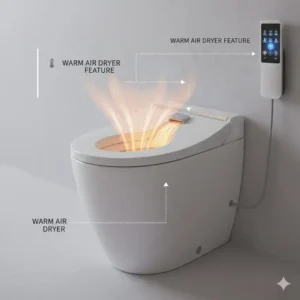 Demonstration of the warm air dryer function integrated into the luxury bidet with wireless remote control.