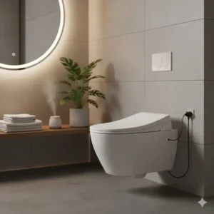 Minimalist bathroom interior featuring a wall-mounted warm water bidet without hot water line.