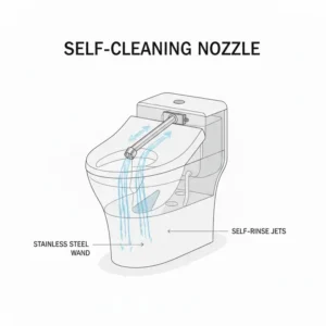 Detailed view of the stainless steel self-cleaning nozzle inside the best toilet bidet combination.