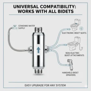 Graphic showing a universal bidet filter connecting to different bidet types.