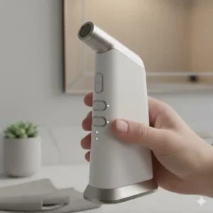 User holding an ergonomic battery operated bidet showing the easy-to-reach power buttons.