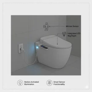 Night view of a self heating bidet with an integrated blue LED nightlight.