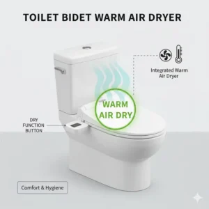 Illustration of the integrated warm air dryer function on a toilet with warm water bidet.