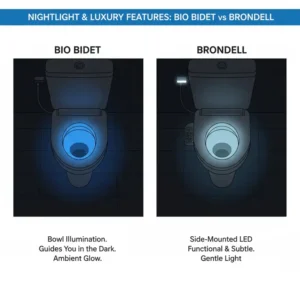 Infographic comparing the long-term warranty and energy-saving modes of bio bidet vs brondell.