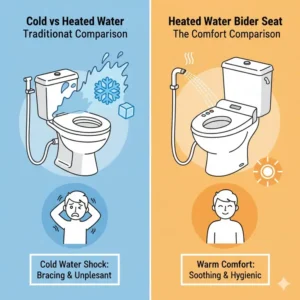 A comparison chart highlighting the comfort benefits of using a bidet toilet seat with heated water versus cold water.