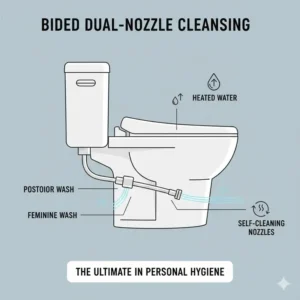 Detailed illustration of the self-cleaning dual nozzle spray system from a bidet heated appliance.