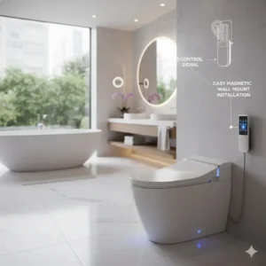 Showing the simple magnetic wall-mount installation for the luxury bidet with wireless remote control unit.