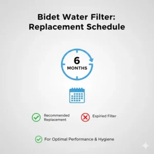 Maintenance graphic showing the recommended 6-month replacement cycle for a bidet water filter.